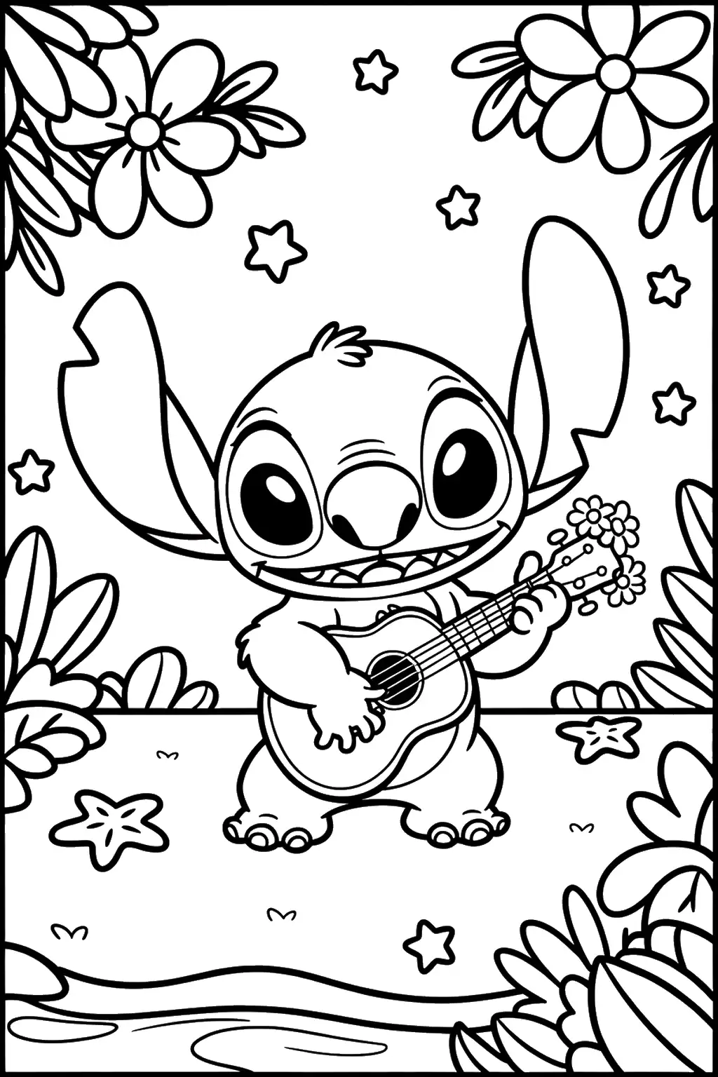 Stitch z ukulele wśród kwiatów - Kolorowanka do druku