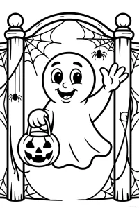 Fantasma con cubo de calabaza de Halloween - Dibujo para colorear para imprimir