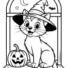 Chat avec chapeau et citrouille - Coloriage à imprimer