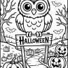 Sowa nad tabliczką Halloween - Kolorowanka do druku