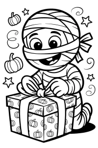 Cheerful Mummy with a Big Gift - Printable coloring page